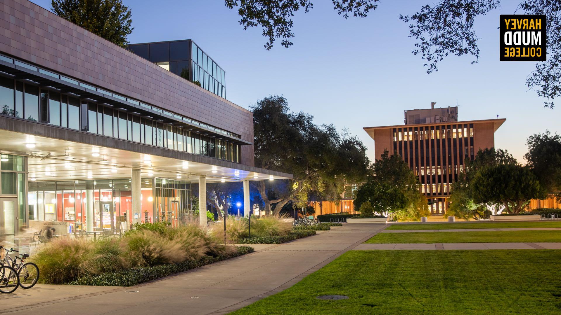 Shanahan Center and Sprague Center, looking west at night, Harvey Mudd College